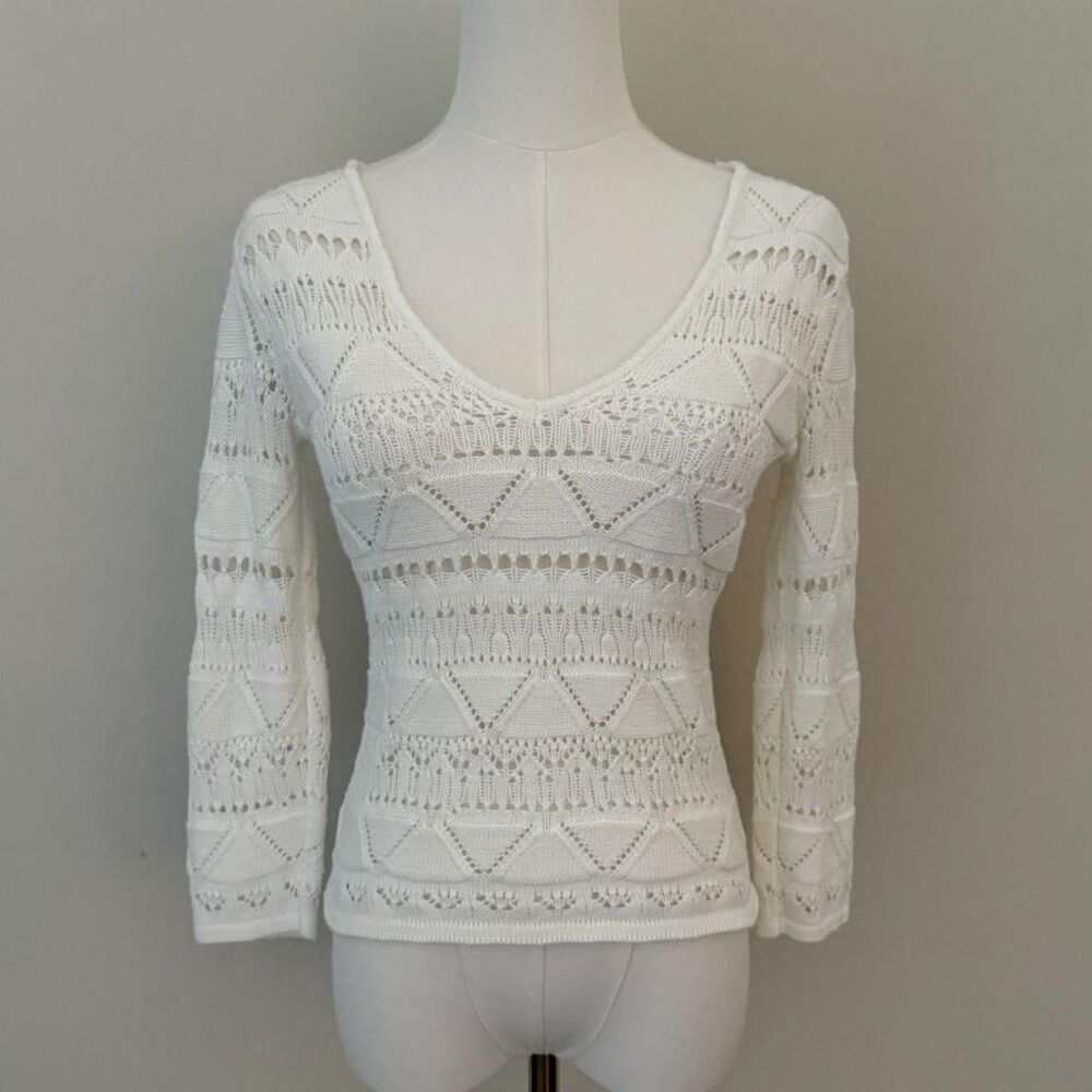 Bichodaseda Weekend White Pointelle Open-Knit Long-Sleeve Top